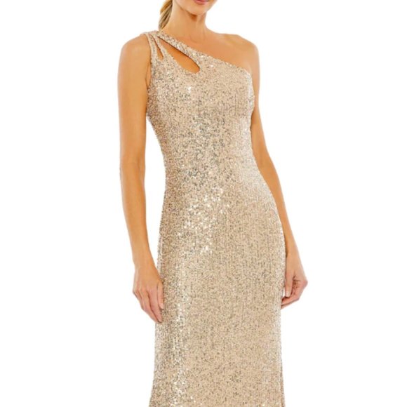 MAC DUGGAL 42029 SEQUINED STRAPPY ONE SHOULDER COLUMN GOLD GOWN sz 2 - Picture 1 of 5